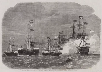 Fortschritt von Prinzessin Alexandra (Prinzessin von Wales), das Geschwader am Nore salutiert die königliche Yacht